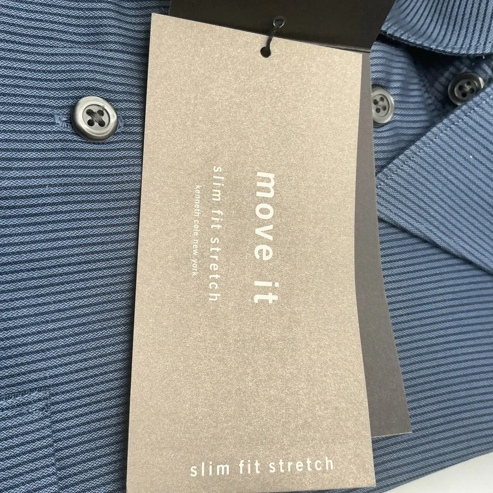 NWT Kenneth Cole NY Slim Fit Stretch Blue Dress Shirt L 16.5 33/33 Black Stripes